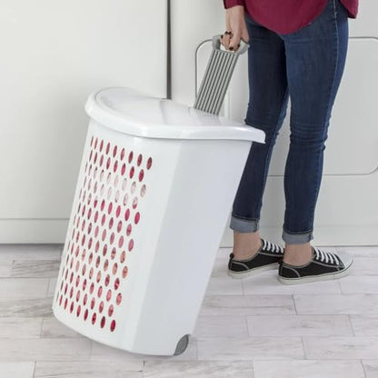 Plastic Laundry Hamper, Adult-Sized White Clothes Basket with Wheels, Large White Plastic Clothes Basket for Home, Dorm or Laundry Room