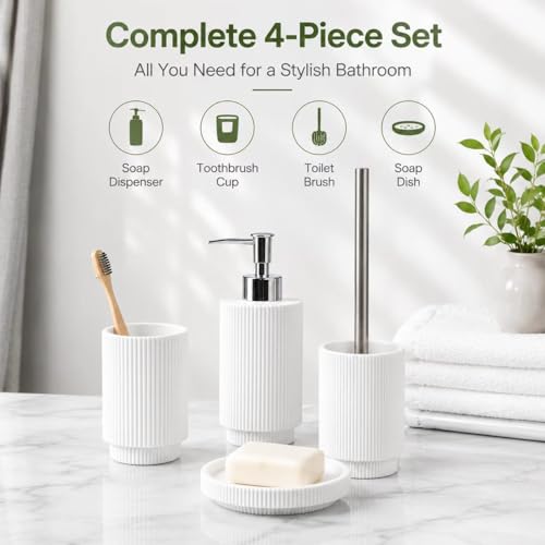 White Ribbed Resin Bathroom Accessory Set,Soap Dispenser,Toothbrush Holder | 4 Pack Bath Counter Decor,Soap Pump Dispenser, Toothbrush Cup,Toilet Brush & Soap Tray,Moisture Resistant Easy Clean Durable