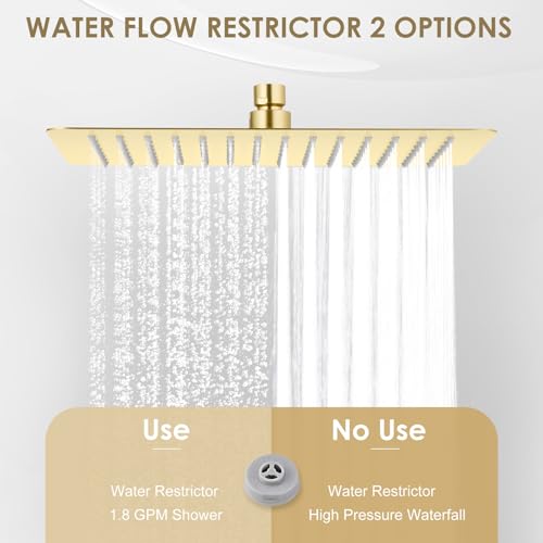 12 x 8 Inch Rectangle Rain Shower Head Brushed Gold, All Metal Stainless Steel 304, Full Body Rainfall Shower with 112 Silicone Nozzles, High Flow Waterfall Showerheads - color: Brushed Gold, size: 12 x 8 Inch Rectangle