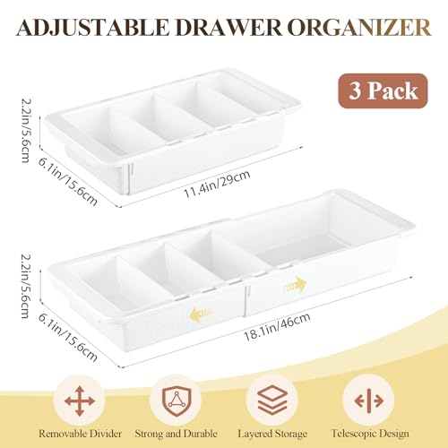3 Pcs Expandable Drawer Organizer Bins Adjustable Deep Drawer Hanging Organizer Tray Expandable 11.4 to 18.1 Inches Plastic Dividers Storage for Office Bathroom Bedroom Kitchen Desk, White