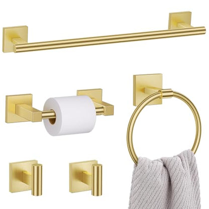 Lairuier Brushed Gold Bathroom Accessories, Towel Bar Set Wall Mounted | 5 Pieces Bathroom Hardware Set, SUS304 Stainless Steel Double Base 23.6" Towel Bar, Towel Ring, Toilet Paper Holder & Hooks - color: Brushed Gold, size: 5 Pieces - Double Base