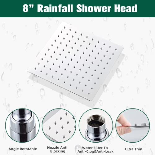 Shower Head - Shower Faucet Set Square Shower Combo System with 8'' Rainfall Shower Head Wall Mount Handheld Shower, Stainless Steel with Chrome Finish Bath Shower Head,Chrome - color: Chrome, style: 8 Inch Without Setting