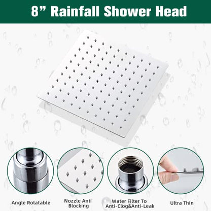 Shower Head - Shower Faucet Set Square Shower Combo System with 8'' Rainfall Shower Head Wall Mount Handheld Shower, Stainless Steel with Chrome Finish Bath Shower Head,Chrome - color: Chrome, style: 8 Inch Without Setting