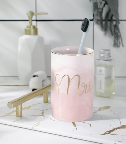 Kelake Ceramic Rustic Pink Marble Bathroom Tumbler Cup for Mouthwash Rinsing Toothbrush and Toothpaste Holder Letters Stand Cups 280 ml Porcelain Milk Drinking Cups for Christmas Birthday - color: Pink Marble Pattern Cup With Letters