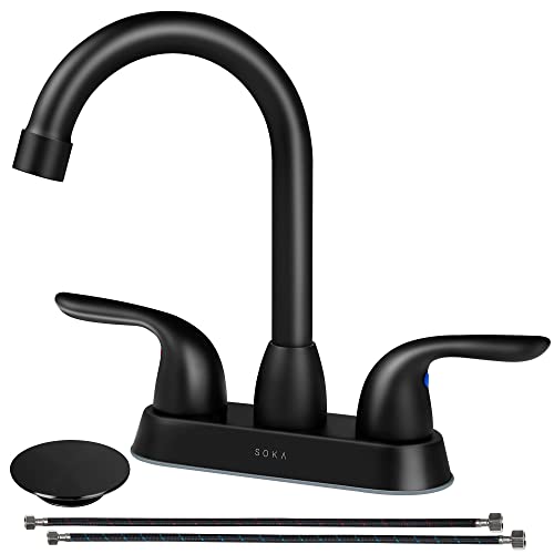 SOKA 2 Handle Bathroom Faucet Black, 4 Inch Black Bathroom Sink Faucet Centerset with Lift Rod Drain Stopper and Supply Hoses, RV Bathroom Faucet 3 Holes, Matte Black Bathroom Faucet - color: Matte Black, size: 4" Double-handled