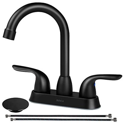 SOKA 2 Handle Bathroom Faucet Black, 4 Inch Black Bathroom Sink Faucet Centerset with Lift Rod Drain Stopper and Supply Hoses, RV Bathroom Faucet 3 Holes, Matte Black Bathroom Faucet - color: Matte Black, size: 4" Double-handled
