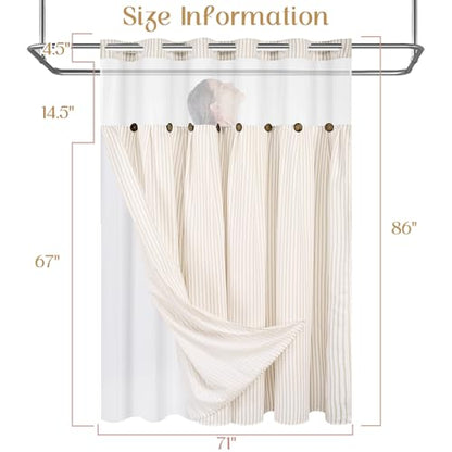 ASPMIZ Farmhouse Striped Shower Curtain and Liner Set No Hook, Beige 71x86 | No Hook Shower Curtain with Snap in Liner Fabric, Rustic Washable Waterproof Bathroom Curtains with Button, Mesh Top Window - color: Beige Striped, size: 71"W x 86"L (Pack of 1),