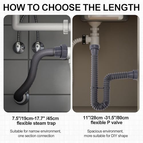 Sink Drain Kit, 1-1/2 Inch Expandable Flexible P-Trap 7.5 Inch - 17.7 Inch Flexible Sink Drain Pipe for Bathroom Sinks Kitchen Sinks