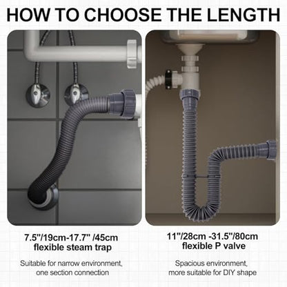 Sink Drain Kit, 1-1/2 Inch Expandable Flexible P-Trap 7.5 Inch - 17.7 Inch Flexible Sink Drain Pipe for Bathroom Sinks Kitchen Sinks