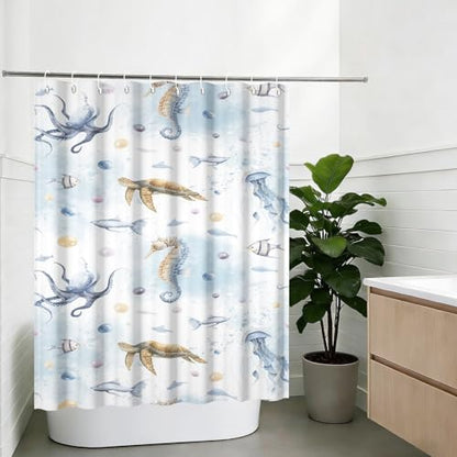 Yeele Ocean Creatures Watercolor Shower Curtain, Turtle Octopus Blue Print Shower Curtain, Waterproof Machine Washable Fabric Bath Curtain 54x72 Inch with Grommets and Hooks - color: Blue 1, size: 54"Wx72"L