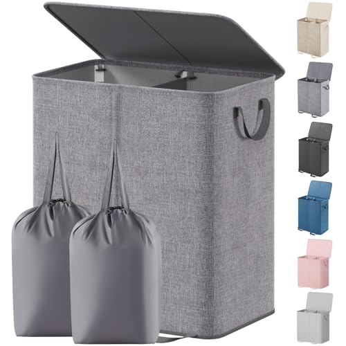Lifewit Double Laundry Hamper with Lid and Removable Laundry Bags, Large Collapsible 2 Dividers Dirty Clothes Basket with Handles for Bedroom, Laundry Room, Closet, Bathroom, College, 136L Gray - color: Gray, size: 136L