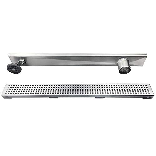Neodrain 24In Offset Side Outlet Linear Shower Drain w/Grate Cover, Brushed | w/ Quadrato Pattern Grate Cover, 304 Stainless Steel Rectangle Shower Floor Drain, with Leveling Foot, Hair Strainer Catche - color: Brushed- Pattern Grate Cover, size: 24 IN
