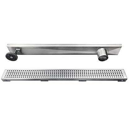 Neodrain 24In Offset Side Outlet Linear Shower Drain w/Grate Cover, Brushed | w/ Quadrato Pattern Grate Cover, 304 Stainless Steel Rectangle Shower Floor Drain, with Leveling Foot, Hair Strainer Catche - color: Brushed- Pattern Grate Cover, size: 24 IN