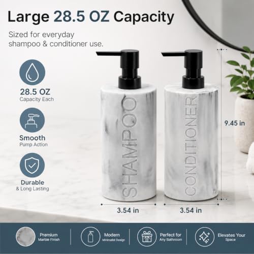 Marble Resin 2 Piece Shampoo and Conditioner Dispenser Set, Luxurious Refillable Pump Bottles with Matte Pump Top and Embossed Text, Durable Design for Bathroom and Shower - color: 2pack Marble Shampoo and Conditioner Set