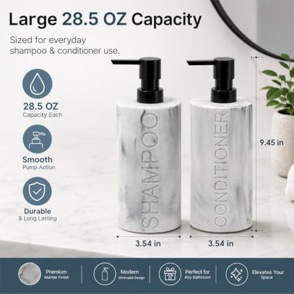 Marble Resin 2 Piece Shampoo and Conditioner Dispenser Set, Luxurious Refillable Pump Bottles with Matte Pump Top and Embossed Text, Durable Design for Bathroom and Shower - color: 2pack Marble Shampoo and Conditioner Set