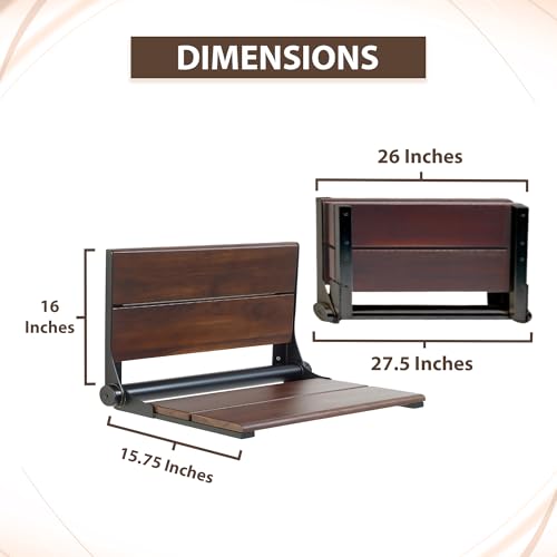 Walnut Shower Seat - Contour Wood / Folding Wall Mount Bench for Inside Shower / ADA Safety Aid / 304 Stainless Steel / Matte Black / 26" x 16" - color: Matte Black, Walnut, size: 26" x 16"