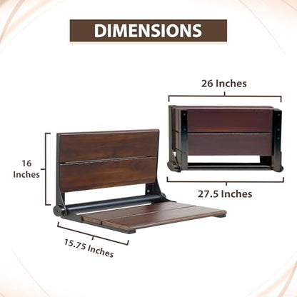 Walnut Shower Seat - Contour Wood / Folding Wall Mount Bench for Inside Shower / ADA Safety Aid / 304 Stainless Steel / Matte Black / 26" x 16" - color: Matte Black, Walnut, size: 26" x 16"