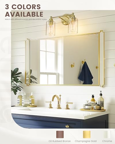 FEMILA Champagne Gold Bathroom Vanity Light, 2-Light Vanity Lighting fixtures, Modern Wall Sconce Bathroom Lighting with Claer Glass Shade, 4FYC56B-2W BG - color: Champagne Gold, size: 14.3"