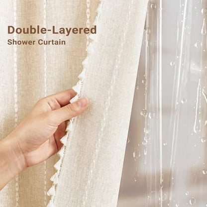 BTTN 3 in 1 Shower Curtain with Liner, 90 Inch Extra Long Boho Linen Striped Shower Curtain Set with Hook, Tall Modern Farmhouse Bohemian Waterproof Shower Curtain for Bathroom, Cream/Beige, 72x90 - color: Cream With Liner, size: 72"W x 90"L (Pack of 1)