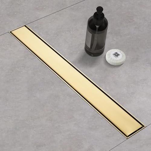 Linear Shower Drain ，with Tile Insert Panels ，48 Inch Brushed Gold 304 Stainless Steel Rectangle Shower Floor Drain，with Hair Catcher, Adjustable Feet - color: Brushed Gold, size: 48inch