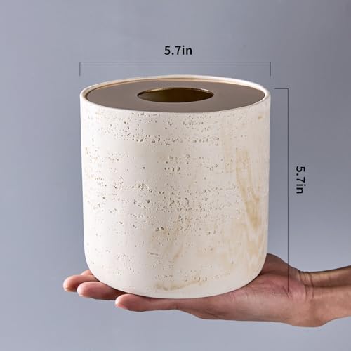 Natural Travertine Textures Mini Trash Can with Rose Gold Stainless Steel Lid, Mini Countertop Trash Can for Bathroom Kitchen, Desk or Table top Mini Garbage Can, Resin Tiny Waste Basket for Vanity - color: Beige Travertine