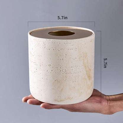 Natural Travertine Textures Mini Trash Can with Rose Gold Stainless Steel Lid, Mini Countertop Trash Can for Bathroom Kitchen, Desk or Table top Mini Garbage Can, Resin Tiny Waste Basket for Vanity - color: Beige Travertine