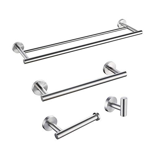 Miyili Bathroom Accessories Set 4-Piece Bath Hardware Kit Brushed Stainless Steel Wall Mount - Includes Double Towel Bar, Hand Towel Rack, Toilet Paper Holder, Robe Hook, BS01N4