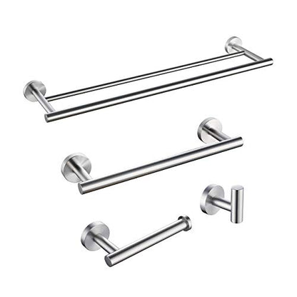 Miyili Bathroom Accessories Set 4-Piece Bath Hardware Kit Brushed Stainless Steel Wall Mount - Includes Double Towel Bar, Hand Towel Rack, Toilet Paper Holder, Robe Hook, BS01N4