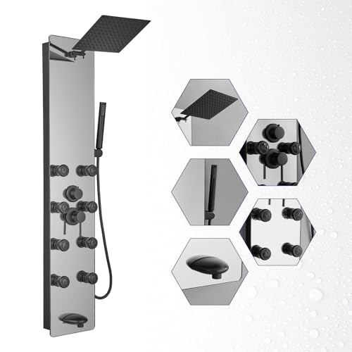 BWE Stainless Steel Shower Panel Tower System Black Split Type | Multi-Function Tempered Glass Shower Panel Rainfall Shower Head Sprayer 8-Massage Jets with Tub Spout Hand Shower