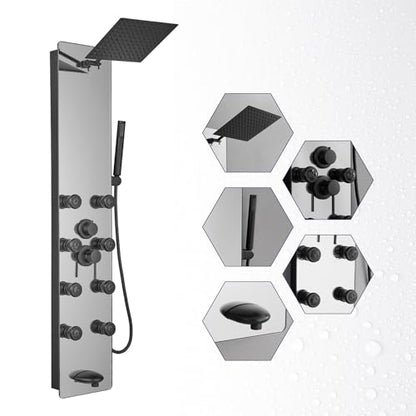 BWE Stainless Steel Shower Panel Tower System Black Split Type | Multi-Function Tempered Glass Shower Panel Rainfall Shower Head Sprayer 8-Massage Jets with Tub Spout Hand Shower