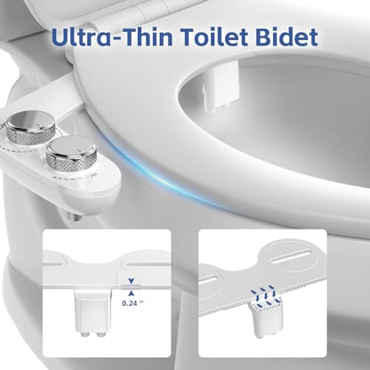 WATERLACE Ultra-Slim Bidet Attachment for Toilet - Dual Nozzle, Rear & Feminine Wash, Self-Cleaning, Adjustable Cold Water Pressure, Non-Electric Bidet Toilet Seat for Bathroom, Easy Install (Chrome) - color: White
