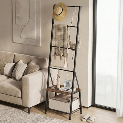 CADUKE Blanket Ladders for the Living Room, 6-Tier Rustic Blanket Rack Decorative Stand, Quilt Display Holder, Freestanding Towel Rack with Metal Frame, Wooden Shelf & 8 Hooks for Bedroom Bathroom