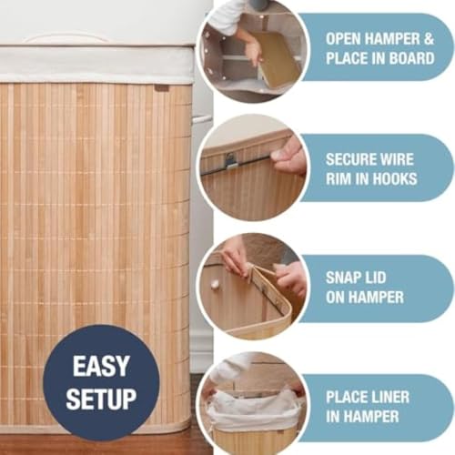 CleverMade Bamboo Laundry Hamper LUXE, 72L, Natural Bamboo Hamper | Keep Laundry Out of Sight Under the Fitted Lid | Lift the Removable Liner to the Washer, Then Fold the Frame Flat for Storage - size: Single