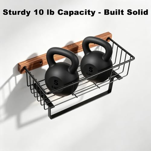 Livabber Hand Towel Holder with Wooden Storage Basket, 9 Inch Rustic Metal Towel Ring/Hand Towel Bar with Shelf, Wall Mounted Farmhouse Bathroom Organizer for Small Decor, Plant (Black)