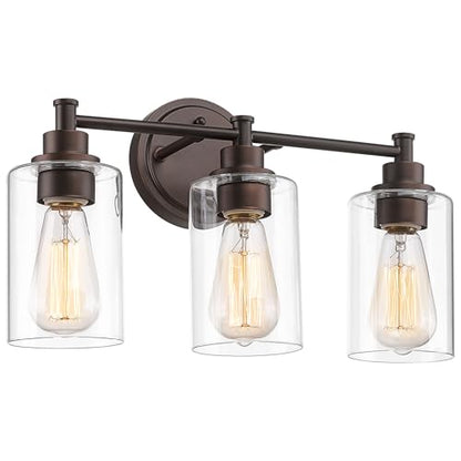 FEMILA 3-Light Vanity Light,Farmhouse Bathroom Light Fixtures,Metal Wall Sconce with Clear Glass Shade,Oil Rubbed Bronze Finish,4FYC56B-3W ORB - color: Oil-Rubbed Bronze, size: 17.3"