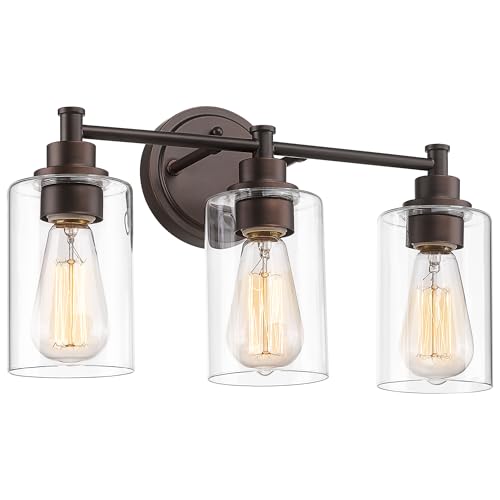 FEMILA 3-Light Vanity Light,Farmhouse Bathroom Light Fixtures,Metal Wall Sconce with Clear Glass Shade,Oil Rubbed Bronze Finish,4FYC56B-3W ORB - color: Oil-Rubbed Bronze, size: 17.3"