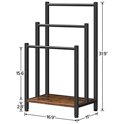 HOOBRO Free Standing Towel Rack, 3 Tier Blanket Rack, Blanket Holder for Bathroom, 16.9" L x 11" W x 31.9" H, Industrial Metal Drying and Display Rack with Shelf, Rustic Brown and Black BF03LB01 - color: Rustic Brown + Black, size: 16.9"L x 11"W x 31.9"H