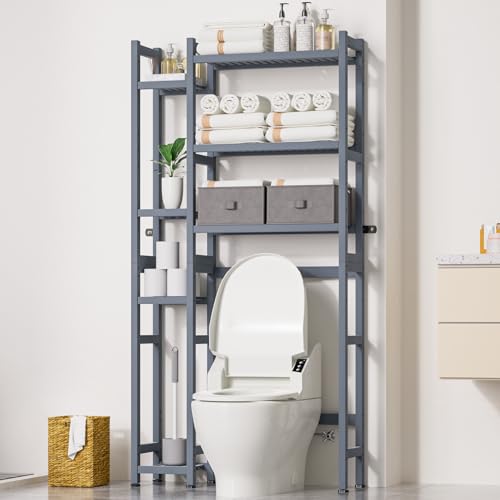Homde Bamboo Over The Toilet Storage Organizer: Basket and Drawer (Grey) | Bathroom Rack with Adjustable Shelf & Waterproof Feet Pad - Space Saver Organizer for Restroom Laundry - color: Grey