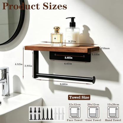 Bathroom Hand Towel Holder/Towel Ring, Premium Metal Wall Mounted Hand Towel Hanger with Wooden Shelf, Heavy Duty Kitchen Towel Holder Rustic Hand Towel Rack for Bathroom Accessories (Black)