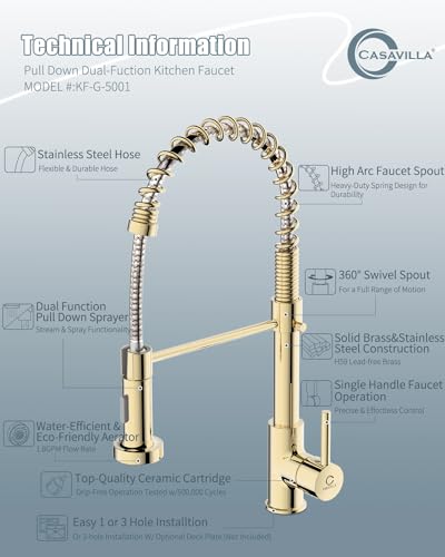 Kitchen Faucet, Commercial Kitchen Sink Faucets with Pull Down Sprayer, Stainless Steel Faucets for Kitchen Sinks, Dual Function Spray Head, Single Handle Spring Kitchen Faucets -Gold - color: D-PVD Gold, style: Classic