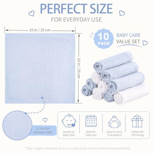 Baby Washcloths 10 Pack Rayon from Bamboo Ultra Soft Absorbent Terry Wash Cloth 10" x 10" Bath Towels for Face Burp Wipes Reusable Lightweight Newborn Essentials Shower Gift Set - color: Blue