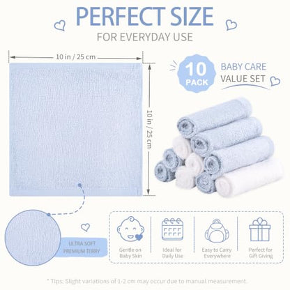 Baby Washcloths 10 Pack Rayon from Bamboo Ultra Soft Absorbent Terry Wash Cloth 10" x 10" Bath Towels for Face Burp Wipes Reusable Lightweight Newborn Essentials Shower Gift Set - color: Blue