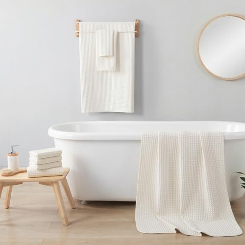 REDKISS Soft 8 Piece Waffle Towel Set, Microfiber, Lighter Weight, Absorbent, Quick Dry, Lint Free Bath Towels for Bathroom, Spa & Hotel – 2 Bath, 2 Hand, 4 Washcloths, Cream - color: Cream