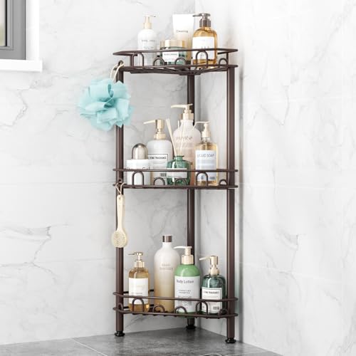 SWTYMIKI Standing Shower Caddy Corner - 3‑Tier Stainless Steel Shower Organizer Shelf with 12 Hooks and Adhesive Pads, Rustproof Corner Shelves Stand Rack for Bathroom Shower Room, Bronze - color: Bronze