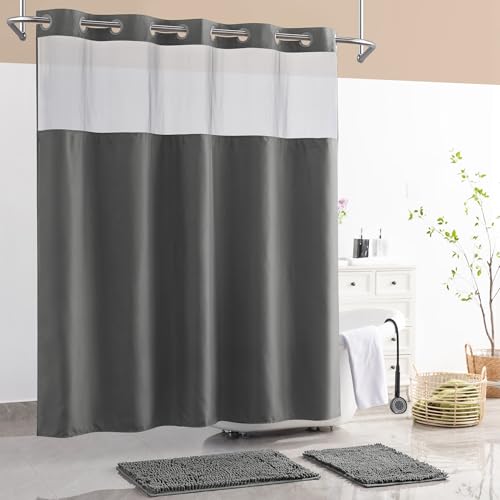 Barossa Design 3 Pcs 71x74 No Hook Shower Curtain Set with Rugs Grey | Mesh Window Top, 17Wx24L plus 19Wx29L Chenille Non-Slip Bath Mat, Snap-in Liner - color: Grey