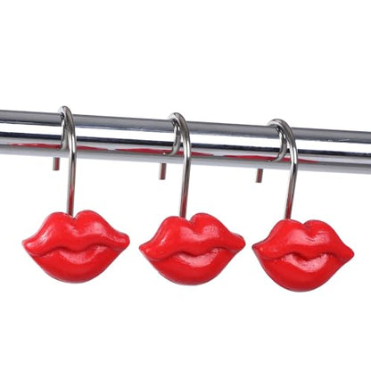 Twofish Home Vermilion Lips Shower Curtain Hooks Vermilion Lips Anti Rust Shower Curtain Hooks Decorative Resin Vermilion Lips Shower Curtain Rings Set of 12 - color: Red