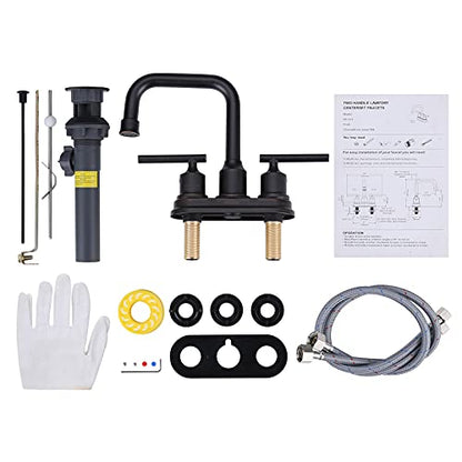 WOWOW Oil Rubbed Bronze Bathroom Faucet for Bathroom Sink Faucet 3 Hole Lavatory Faucet 2 Handle Vanity Faucet with Drain and Supply Hose Mixer Tap High Arc Swivel Spout - color: Oil Rubbed Bronze, style: Centerset - 4 Inch
