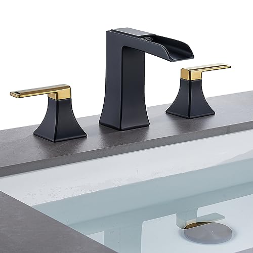 Two-Tone Black and Gold Bathroom Faucet, Sanliv 2-Handle Widespread Bathroom Faucet for 3-Hole Sinks 4-8 Inch, 3-Piece Waterfall Vanity Faucets with Pop-Up Drain, Black and Gold - color: Black and Gold