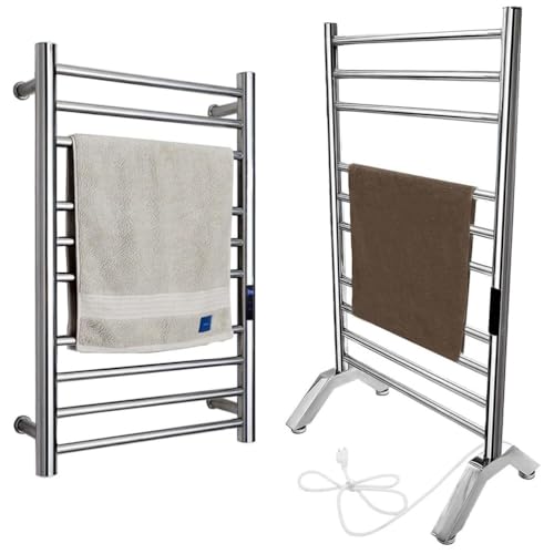Heated Towel Rack Plug-in,Free Standing & Wall Mounted Dryer Rack Stainless Steel,Radiator 10 Bars Hot Towel Warmer with Built-in Timer,Silver - color: Silver