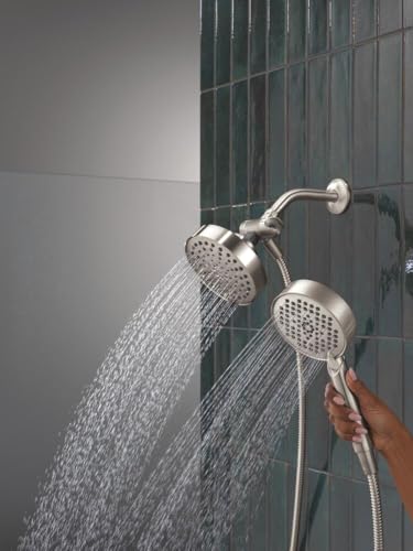Delta Round 2-in-1 Dual Shower Head with 4-Setting HandHeld Spray, Brushed Nickel Detachable Double Shower Head with Hose, Showerhead, 1.75 GPM Flow Rate, Stainless 75756SS - color: Stainless